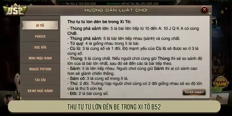 Cách Chơi Xì Tố B52 Dễ Hiểu Cơ Hội Thắng Cao Mỗi Ván Thứ tự từ lớn đến bé trong Xì tố B52